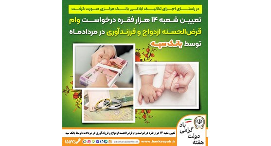 تعیین شعبه 14 هزار فقره درخواست وام قرضالحسنه ازدواج و فرزندآوری در مردادماه توسط بانک سپه 1 | نقش نیوز تعیین شعبه 14 هزار فقره درخواست وام قرضالحسنه ازدواج و فرزندآوری در مردادماه توسط بانک سپه